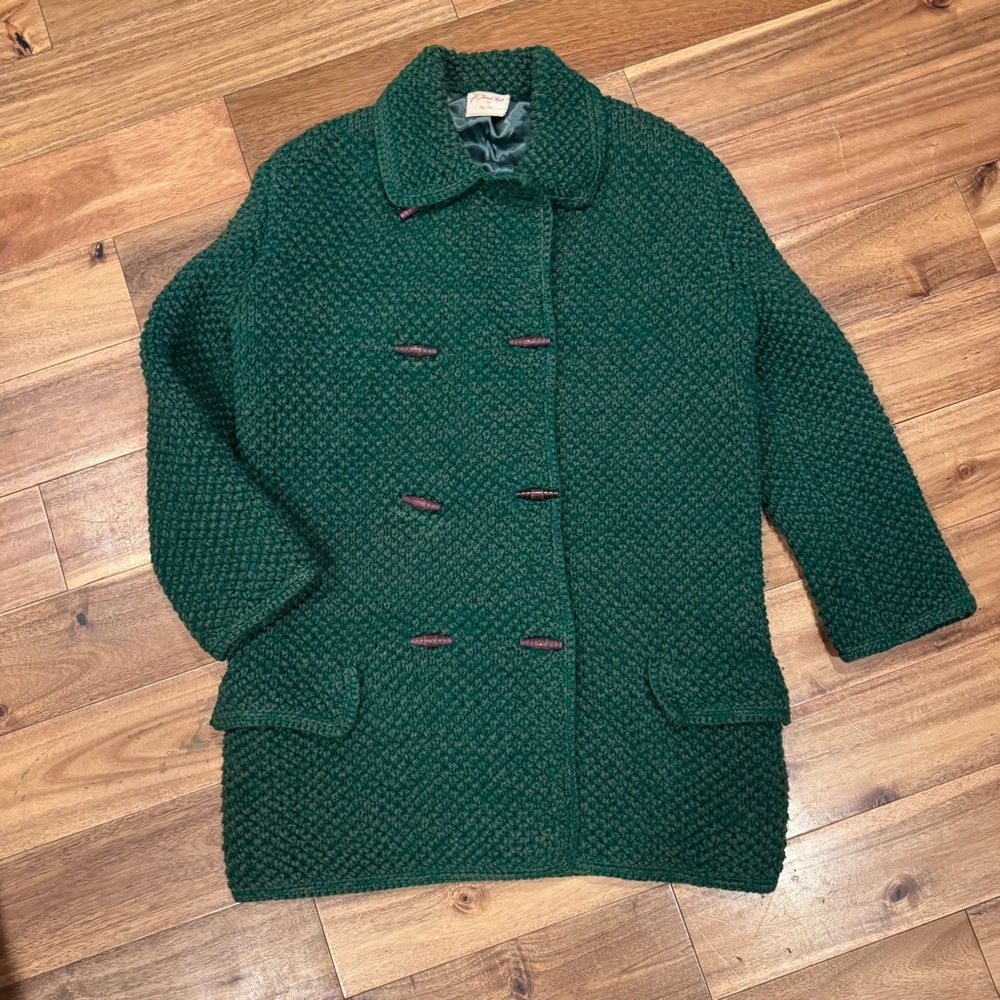 Hand Knit by Peg Fox‎ Green Women's Coat Size Large satin liner vintage
